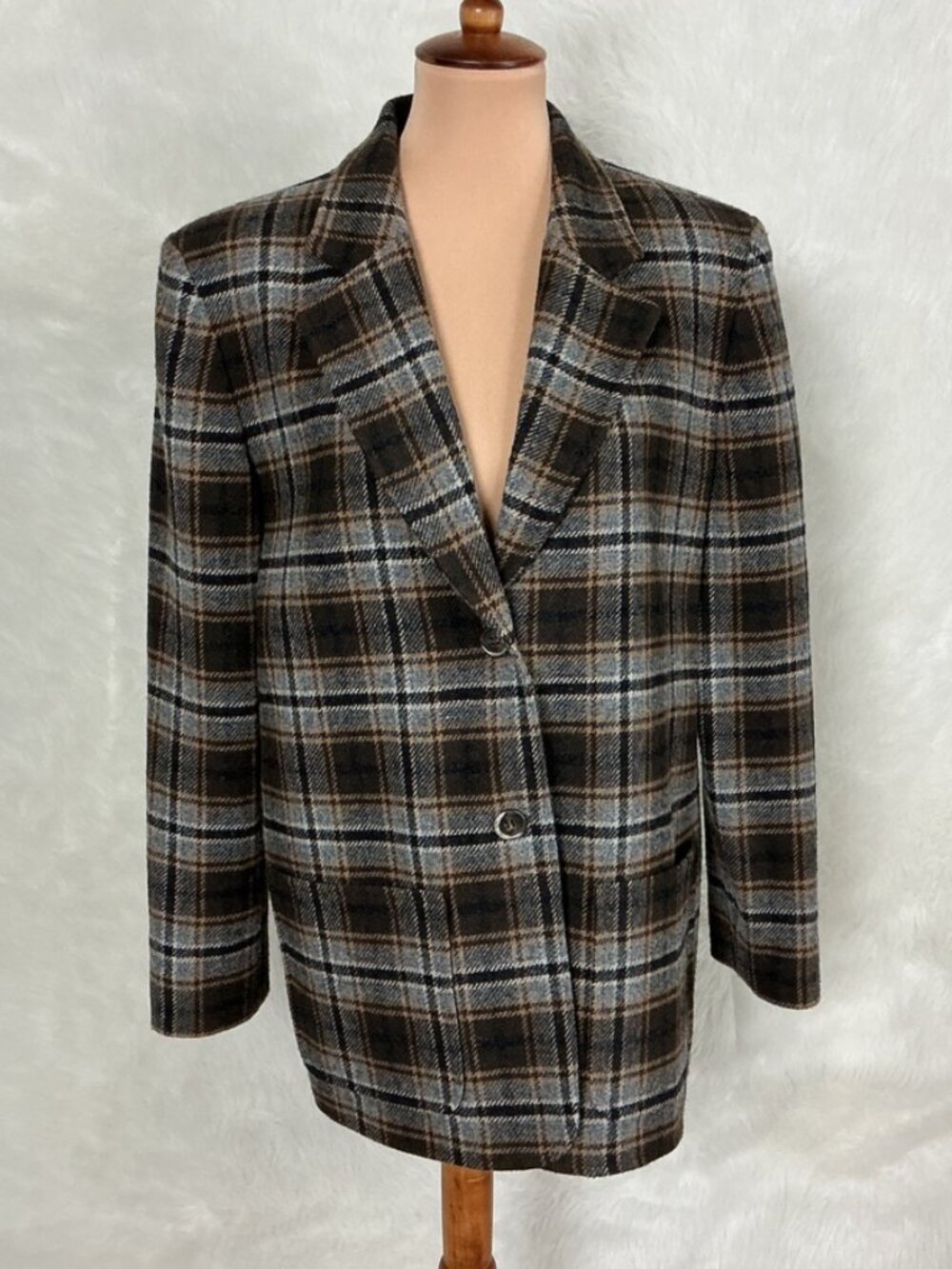 Pendleton Vintage 90s Brown Gray Plaid Wool Patch Pocket Blazer Jacket M